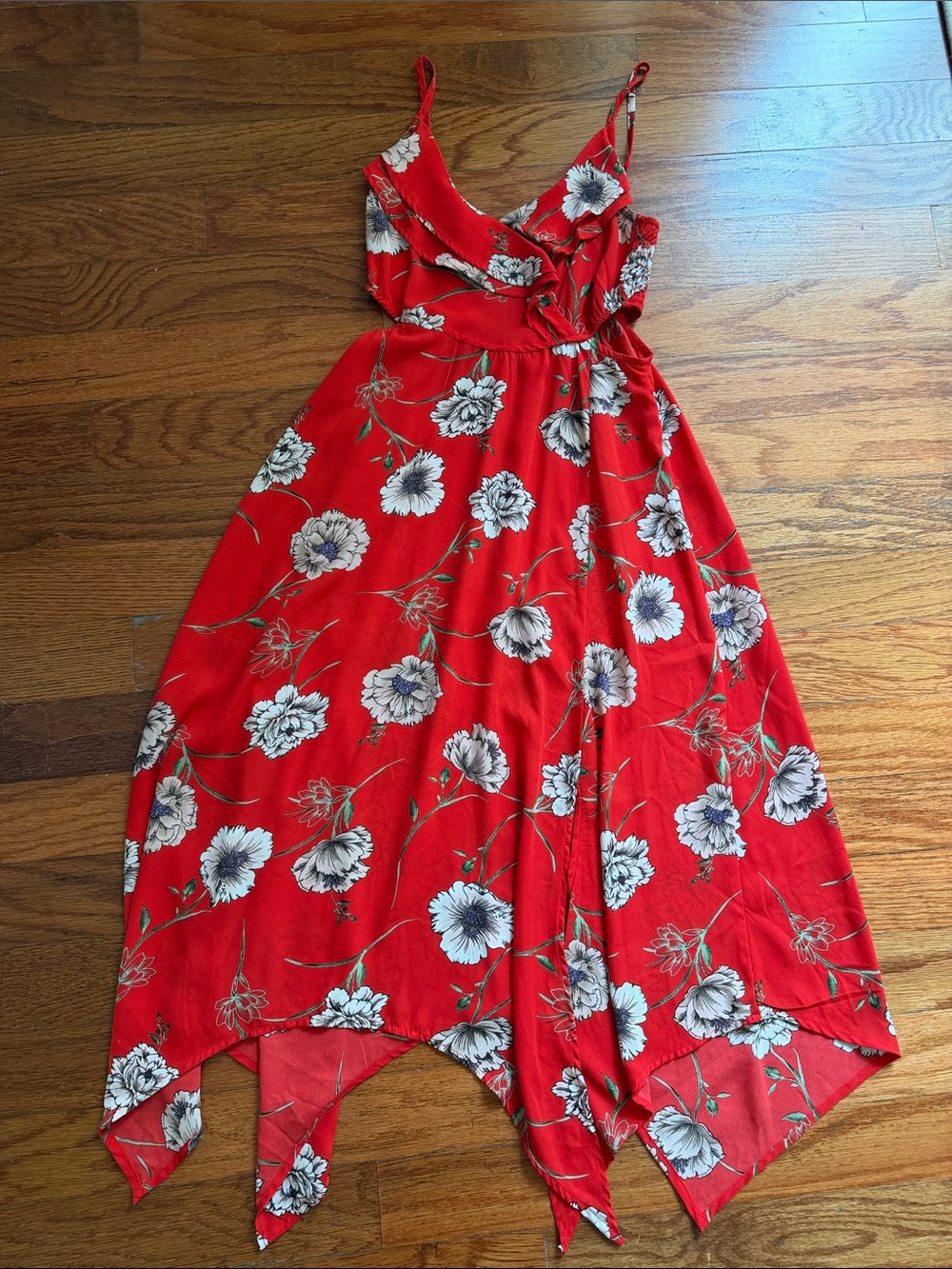 Amazon Red Floral Midi Dress with Handkerchief Hem